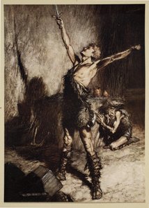 &39;Nada! Nada! Conquistando a espada! &39;, Frontispício de&39; Siegfried e o Crepúsculo dos Deuses &39;, 1924 de Arthur Rackham